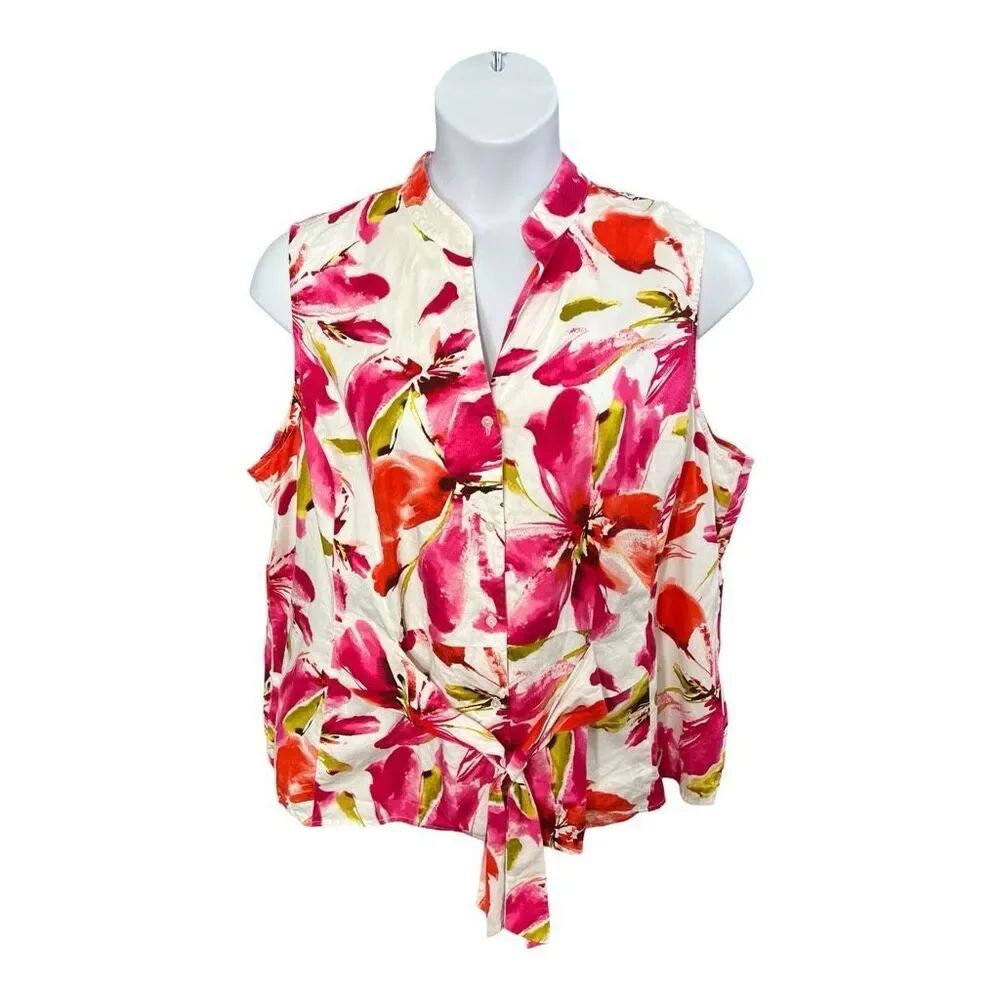 Jones New York White Pink Sleeveless Button-Up Floral Blouse Plus Size 3X Cotton